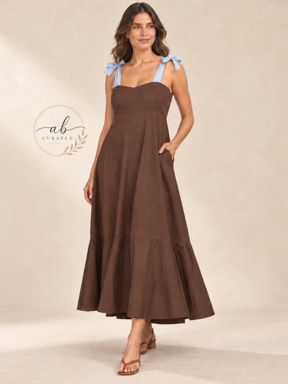 Made in Italy Brown Cotton Maxi Dress Blue Bow Tie Straps Pockets Size M NWT